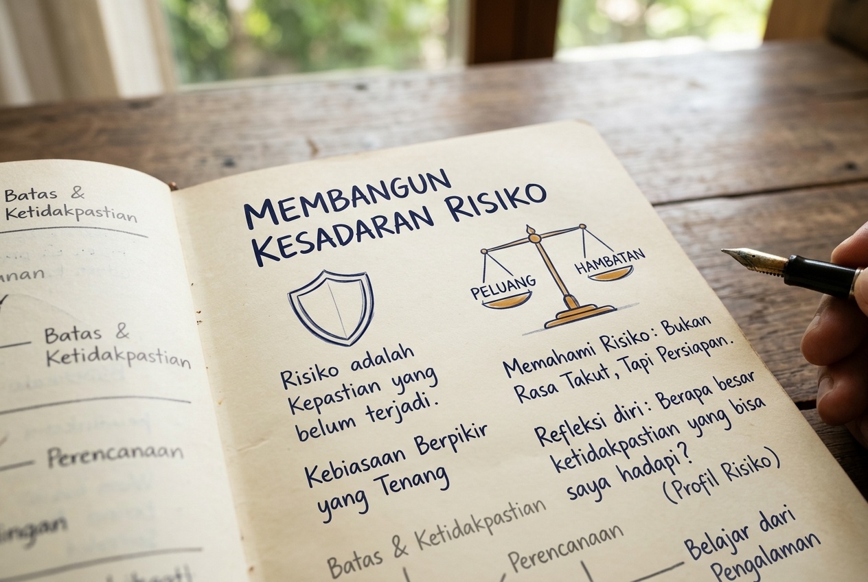 Buku catatan terbuka berisi tulisan tangan tentang kesadaran risiko dan daftar pertanyaan di atas meja kayu