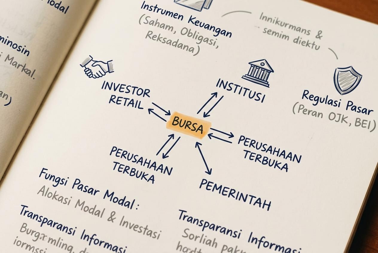Buku catatan terbuka berisi diagram tempat bertemu penjual dan pembeli serta istilah pasar modal di atas meja kayu